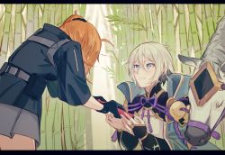 Rule 34 | 1boy, 1girl, armor, bamboo, bamboo forest, bent over, blue eyes, blush, chinese armor, chinese clothes, csyday, fate/grand order, fate (series), forest, fujimaru ritsuka (female), fujimaru ritsuka (female) (polar chaldea uniform), gift, grey hair, hair between eyes, hair ornament, hair scrunchie, highres, horse, letterboxed, nature, orange hair, polar chaldea uniform, prince of lan ling (fate), scrunchie, short hair, side ponytail