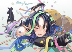 Rule 34 | 1girl, bare shoulders, black gloves, black thighhighs, blue hair, blush, commentary request, confetti, elbow gloves, feet up, gloves, gradient background, green eyes, highres, kantai collection, long hair, looking at viewer, low twintails, lying, on stomach, one eye closed, open mouth, ribbon, school uniform, serafuku, skirt, sleeveless, smile, solo, sugue tettou, suzukaze (kancolle), the pose, thighhighs, twintails, white serafuku, white skirt, zettai ryouiki