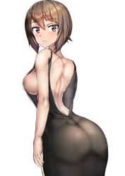 Rule 34 | 10s, 1girl, ass, back, backless dress, backless outfit, bad id, bad pixiv id, breasts, brown eyes, brown hair, butt crack, closed mouth, commentary request, cowboy shot, dress, girls und panzer, hair between eyes, highres, hip focus, looking back, medium breasts, nishizumi maho, short hair, sideboob, sikijou77o, simple background, smile, solo, standing, white background