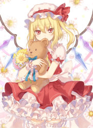 Rule 34 | 1girl, 6u (eternal land), bad id, bad pixiv id, blonde hair, hugging doll, dress, flandre scarlet, flower, hat, looking at viewer, hugging object, petticoat, puffy sleeves, red dress, red eyes, red skirt, sash, shirt, short sleeves, side ponytail, skirt, solo, stuffed animal, stuffed toy, teddy bear, thighhighs, touhou, white thighhighs, wings, wrist cuffs, zettai ryouiki
