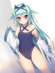 Rule 34 | 1girl, 3:, aqua hair, bare shoulders, blue one-piece swimsuit, covered navel, detached sleeves, dutch angle, hair intakes, hair ornament, hairclip, highres, kashiwamochi yomogi, long hair, looking at viewer, mogami yoshiaki (sengoku collection), one-piece swimsuit, red eyes, school swimsuit, sengoku collection, shiny clothes, shiny skin, solo, strap slip, swimsuit, very long hair, wet, wet clothes