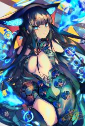 Rule 34 | + +, 1girl, arm behind head, bare shoulders, black dress, black gloves, black headwear, black thighhighs, blue eyes, blue fire, blunt bangs, blush, breasts, center opening, closed mouth, dress, elbow gloves, fate/grand order, fate (series), fire, fish, floral print, gloves, hair ornament, halo, large breasts, leaf hair ornament, long hair, looking at viewer, maon (vava0210), medium breasts, purple hair, sash, smile, solo, sparkling eyes, thighhighs, thighs, very long hair, yang guifei (fate), yang guifei (third ascension) (fate)