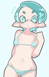 Rule 34 | 1girl, aqua bikini, aqua eyes, aqua hair, arm behind back, bikini, blue background, breasts, collarbone, commentary request, cowboy shot, eyelashes, flower-shaped pupils, groin, hekoningyou (waraningyou), highres, inkling, inkling girl, inkling player character, medium hair, navel, nintendo, notice lines, pointy ears, simple background, small breasts, solo, splatoon (series), standing, swimsuit, symbol-shaped pupils, tentacle hair, thick eyebrows