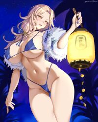 Rule 34 | 1girl, :d, absurdres, bikini, blonde hair, blue bikini, blue nails, blush, breasts, cameltoe, cleavage, cleft of venus, goddess of victory: nikke, highres, huge breasts, lantern, large breasts, long hair, looking at viewer, ludmilla (nikke), ludmilla (winter owner) (nikke), mature female, navel, open mouth, smile, solo, swimsuit, ultrabinou, yellow eyes