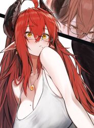 Rule 34 | absurdres, ahoge, black wings, breasts, earrings, glasses, highres, horns, isabella (marse), jewelry, large breasts, long ears, long hair, marse (rokudaime), mole, mole on breast, mole under mouth, necklace, orange eyes, original, red hair, source request, wings