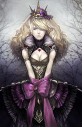 Rule 34 | 1girl, bad deviantart id, bad id, bdsm, blonde hair, blue eyes, bondage, bound, bow, bowtie, breasts, cleavage, cleavage cutout, clothing cutout, crown, dress, erina, hair over one eye, highres, jewelry, lips, long hair, necklace, noa ikeda, original, pale skin, ribbon, sleeveless, solo