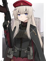 Rule 34 | 1girl, absurdres, ak-74m, ak74m (girls&#039; frontline), assault rifle, beret, breasts, building, camouflage cloak, camouflage gloves, ear protection, gamryous, girls&#039; frontline, gun, hair ornament, hat, highres, holding, holding gun, holding weapon, kalashnikov rifle, light brown hair, long hair, looking afar, medium breasts, original, purple eyes, red star, rifle, russia, russian flag, simple background, snowflake hair ornament, solo, star (symbol), tactical clothes, weapon