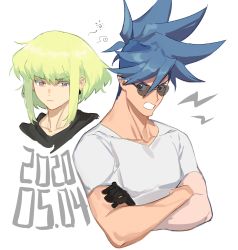 Rule 34 | 2boys, androgynous, black gloves, blue hair, collarbone, crossed arms, dated, earrings, frown, galo thymos, gloves, green hair, hanezo, jewelry, lio fotia, male focus, mohawk, multiple boys, parted lips, portrait, promare, purple eyes, shirt, short hair, sidelocks, simple background, single earring, sunglasses, v-neck, white background, white shirt
