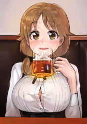 Rule 34 | 10s, 1girl, absurdres, ameyame, beer mug, blush, breasts, brown eyes, brown hair, bursting breasts, cleavage, cup, highres, holding, idolmaster, idolmaster cinderella girls, katagiri sanae, large breasts, mug, open mouth, short hair, short twintails, solo, sweat, twintails, unbuttoned