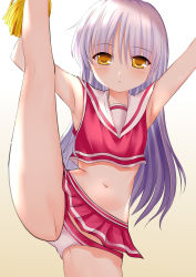 Rule 34 | 1girl, :o, absurdres, angel beats!, armpits, arms up, ass, bad id, bad twitter id, bare arms, bare shoulders, cheerleader, crop top, gradient background, highres, leg up, long hair, looking at viewer, midriff, miniskirt, navel, panties, parted lips, pom pom (cheerleading), red shirt, red skirt, rinringyo, sailor collar, shirt, silver hair, skirt, sleeveless, sleeveless shirt, solo, split, standing, standing on one leg, standing split, stomach, tenshi (angel beats!), thighs, underwear, white background, white panties, yellow eyes