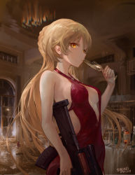 Rule 34 | 1girl, 2021, absurdres, artist name, assault rifle, blonde hair, braid, breasts, breasts apart, broken glass, bullpup, champagne bottle, champagne flute, commentary, cup, dated, dress, drinking, drinking glass, english commentary, french braid, from side, girls&#039; frontline, glass, gun, highres, long hair, looking at viewer, medium breasts, nail polish, necktie, official alternate costume, ots-14 (girls&#039; frontline), ots-14 (ruler of the banquet) (girls&#039; frontline), ots-14 groza, red dress, red nails, rifle, sawkm, scope, side slit, sideboob, solo, weapon, yellow eyes