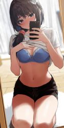 Rule 34 | 1girl, black shorts, blue bra, blurry, blurry background, blush, bra, breasts, brown hair, cellphone, cleavage, clothes lift, full-face blush, goshiki suzu, highres, holding, holding phone, indoors, looking at phone, medium breasts, mirror, navel, original, phone, reflection, selfie, shirt, shirt lift, shorts, side ponytail, solo, squatting, sweatdrop, underwear, white shirt