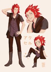 Rule 34 | 1boy, axel (kingdom hearts), blush, boots, buttons, chibi, driftwoodwolf, facial mark, green eyes, hand on own hip, hood, hoodie, kingdom hearts, kingdom hearts iii, knee boots, looking at viewer, male focus, pants, red hair, sitting, smile, solo, teeth