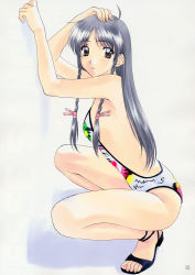 Rule 34 | 1girl, ahoge, highres, one-piece swimsuit, polorinken, scan, solo, squatting, swimsuit, tagme