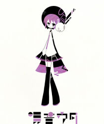 Rule 34 | 1girl, abstract, arms at sides, beret, black sleeves, boots, character name, chisuke, collared shirt, commentary request, copyright name, crossed legs, dot mouth, full body, hat, headphones, knee boots, limited palette, looking at viewer, mismatched pupils, necktie, pleated skirt, purple hair, purple necktie, shirt, short hair, simple background, skirt, sleeves past fingers, sleeves past wrists, solo, thighhighs, translation request, utane uta, utau, watson cross, white background, white shirt, zettai ryouiki