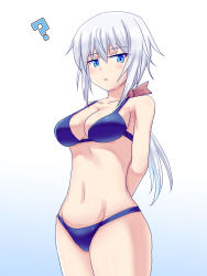 Rule 34 | 10s, 1girl, architect, arms behind back, bikini, blue eyes, blush, breasts, cleavage, female focus, frame arms girl, groin, hair ornament, hair ribbon, highres, long hair, looking at viewer, medium breasts, navel, open mouth, ponytail, ribbon, simple background, solo, standing, swimsuit, volk (bo-tan), white background, white hair
