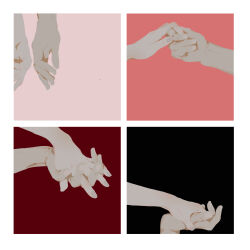 Rule 34 | absurdres, antiquewhite, black background, border, character request, commentary request, fingernails, hand focus, highres, holding hands, interlocked fingers, multicolored background, pink background, pink nails, red background, simple background, sound horizon, white border