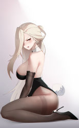 Rule 34 | 1girl, absurdres, bare shoulders, black footwear, black pantyhose, blonde hair, blue eyes, blush, breasts, detached collar, elbow gloves, from side, genshin impact, glaring, gloves, hair over shoulder, high heels, highres, izaac, lace trim, large breasts, leotard, long hair, pantyhose, platinum blonde hair, playboy bunny, rabbit tail, scowl, signora (genshin impact), sitting, solo, tail, thighs, wariza, white background