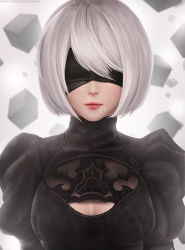 Rule 34 | 1girl, black blindfold, black dress, black hairband, blindfold, blurry, blurry background, bob cut, breasts, breasts apart, cleavage, cleavage cutout, clothing cutout, covered eyes, cube, dress, facing viewer, hair over eyes, hairband, juliet sleeves, limgae, lips, lipstick, long sleeves, makeup, medium breasts, mole, mole under mouth, nier (series), nier:automata, nose, pink lips, pink lips, puffy sleeves, revision, short hair, silver hair, smirk, solo, turtleneck, upper body, watermark, web address, 2b (nier:automata)