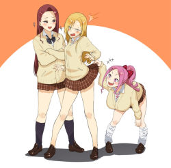 Rule 34 | 3girls, :d, bent over, black socks, blonde hair, blue socks, blush, bow, bowtie, breasts, clothes lift, commentary request, crossed arms, forehead, gyaru, kneehighs, large breasts, lifted by self, loafers, loose socks, multiple girls, open mouth, original, pink eyes, pink hair, purple eyes, purple hair, school uniform, shoes, simple background, skirt, skirt lift, small breasts, smile, socks, suruga kreuz, sweatdrop, teeth, white background, white legwear