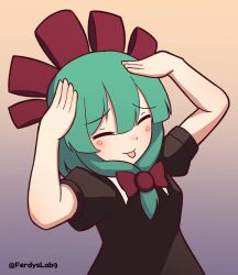 Rule 34 | 1girl, ah eto... bleh (meme), bow, commission, ferdy&#039;s lab, front ponytail, green hair, hair bow, hair ribbon, hands on own head, highres, kagiyama hina, meme, red bow, red ribbon, ribbon, solo, touhou, twitter username, upper body