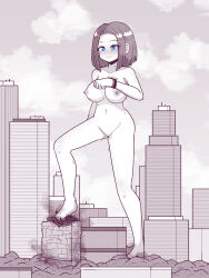 Rule 34 | 1girl, absurdres, black hair, blue eyes, breasts, building, city, cloud, completely nude, destruction, full body, giant, giantess, highres, ink (inksgirls), large breasts, medium hair, navel, nipples, nude, pussy juice, samsung, samsung sam, shadow, skyscraper, smile, solo, standing