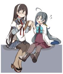 Rule 34 | 10s, 2girls, :d, ?, ??, ahoge, black hair, blue hair, boots, bow, bowtie, clipboard, commentary request, dress, closed eyes, glasses, grey eyes, grey hair, hair between eyes, hairband, hip vent, kantai collection, kiyoshimo (kancolle), lace, lace-trimmed legwear, lace trim, long hair, low twintails, multicolored hair, multiple girls, necktie, ooyodo (kancolle), open mouth, pantyhose, riz (ravel dc), school uniform, serafuku, sitting, sleeveless, sleeveless dress, smile, sweatdrop, thighhighs, twintails, white dress