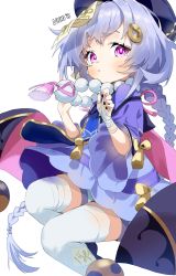 Rule 34 | 1girl, absurdres, bandaged arm, bandaged leg, bandages, bead necklace, beads, bow, braid, cape, coin hair ornament, commentary request, genshin impact, hair between eyes, hair bow, hair ornament, hair ribbon, hat, highres, jewelry, jiangshi, kirari (kira rin9), long hair, long sleeves, looking at viewer, low ponytail, necklace, ofuda, orb, parted lips, purple eyes, purple hair, qingdai guanmao, qiqi (genshin impact), ribbon, shorts, sidelocks, simple background, single braid, solo, thighhighs, white background, white thighhighs, yin yang, yin yang orb, zettai ryouiki