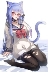 Rule 34 | 1girl, animal ear fluff, animal ears, bed, bell, black collar, black pantyhose, blue hair, blue sailor collar, blush, breasts, cat ears, cat tail, cleavage, collar, finger to mouth, full body, glasses, long hair, long sleeves, looking at viewer, medium breasts, neck bell, on bed, open mouth, over-rim eyewear, pantyhose, plivyou, red-framed eyewear, red eyes, sailor collar, semi-rimless eyewear, shikai yue, shirt, sidelocks, simple background, sitting, sleeves past wrists, solo, tail, torn clothes, torn pantyhose, tsushi, virtual youtuber, wariza, white background, white shirt