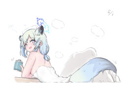 Rule 34 | 1girl, :d, animal ears, artist request, bathrobe, blue archive, cropped torso, flask, from side, holding, holding flask, leaning forward, looking at viewer, naked towel, onsen, open mouth, purple eyes, shigure (blue archive), shigure (hot spring) (blue archive), short hair, simple background, smile, solo, squeans, tail, towel, weasel ears, weasel tail, white background