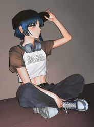 Rule 34 | 1girl, abs, absurdres, adjusting clothes, adjusting headwear, asymmetrical hair, bags under eyes, baseball cap, belt, belt buckle, black belt, black hat, black pants, blue footwear, blue hair, blush, bob cut, bocchi the rock!, breasts, bright pupils, brown background, brown shirt, buckle, closed mouth, clothes writing, commentary, cropped shirt, denim, earrings, expressionless, fui (5f7 x), full body, grey footwear, hair ornament, hairclip, hand on own ankle, hand up, hat, headphones, headphones around neck, highres, indian style, jeans, jewelry, looking afar, looking to the side, midriff, navel, on floor, pants, raglan sleeves, shirt, shoes, short hair, short sleeves, sidelocks, sitting, small breasts, sneakers, solo, stud earrings, t-shirt, toned, two-tone shirt, wall, wavy hair, white footwear, white shirt, wooden floor, yamada ryo, yellow eyes