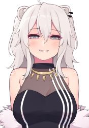 Rule 34 | 1girl, ahoge, animal ears, bare shoulders, blush, breasts, cleavage, commentary, earrings, fur-trimmed jacket, fur trim, grey eyes, grey hair, grin, hair between eyes, highres, hololive, ishiusu, jacket, jewelry, large breasts, lion ears, lion girl, long hair, looking at viewer, necklace, off shoulder, see-through, see-through cleavage, shishiro botan, shishiro botan (1st costume), simple background, smile, solo, teeth, upper body, virtual youtuber, white background