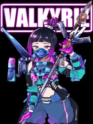 Rule 34 | 1girl, apex legends, aqua jacket, black background, black hair, blue pants, character name, clothing cutout, covered mouth, cowboy shot, cropped jacket, fluorescent tech valkyrie, gloves, highres, holding, holding polearm, holding weapon, jacket, jetpack, lance, looking at viewer, mask, mouth mask, multicolored hair, navel, official alternate costume, pants, polearm, ponytail, purple gloves, purple hair, riku (ururi7610), shoulder cutout, solo, streaked hair, suzaku (apex legends), valkyrie (apex legends), weapon