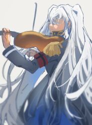 Rule 34 | 1girl, absurdres, altair (re:creators), armband, black armband, black coat, bow (music), closed eyes, coat, cowboy shot, eyelashes, gold trim, hair between eyes, highres, holding, holding instrument, holding violin, instrument, long hair, long sleeves, music, no headwear, playing instrument, re:creators, red armband, revohera, simple background, solo, twintails, two-tone armband, very long hair, violin, white hair