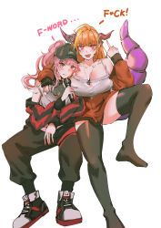 Rule 34 | 2girls, ahoge, arm around neck, bare shoulders, baseball cap, black headwear, black legwear, black pants, blonde hair, blunt bangs, blush, bow, breasts, camisole, censored, censored text, cleavage, cleavage cutout, clothing cutout, collarbone, crop top, diagonal-striped bow, dragon girl, dragon horns, dragon tail, english text, fang, frilled camisole, frills, full body, hair intakes, hand on another&#039;s shoulder, hand up, hat, highres, holding, holding microphone, hololive, hololive english, horn bow, horn ornament, horns, invisible chair, jacket, jewelry, kiryu coco, kiryu coco (loungewear), knee up, large breasts, long hair, long sleeves, looking at viewer, microphone, middle finger, mori calliope, mori calliope (streetwear), multicolored eyes, multicolored hair, multiple girls, nail polish, necklace, no shoes, off shoulder, official alternate costume, open clothes, open jacket, open mouth, orange hair, pants, partially unzipped, pendant, pink hair, pointy ears, ponytail, profanity, purple eyes, red eyes, red jacket, red nails, scales, set7, shoes, side-by-side, simple background, sitting, skin fang, sleeves past wrists, sneakers, spaghetti strap, streaked hair, striped, striped bow, tail, thighhighs, track jacket, virtual youtuber, white background, white camisole, zipper