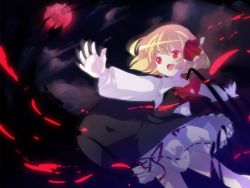 Rule 34 | 1girl, amo (shibu3), blonde hair, bloomers, embodiment of scarlet devil, female focus, hair ribbon, outstretched arms, red eyes, ribbon, rumia, short hair, solo, spread arms, touhou, underwear