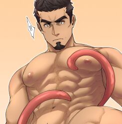 Rule 34 | abs, bara, bare pectorals, beard, biceps, facial hair, goatee, highres, large pectorals, male focus, mature male, muscular, muscular male, nipples, pectorals, sergei strelka, sideburns, tales of (series), tales of zestiria, tentacles, thick eyebrows, topless male, wyatt wu1020, yaoi