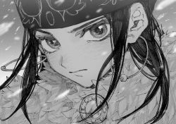 Rule 34 | 1girl, ainu, ainu clothes, asirpa, bandana, cape, closed mouth, earrings, eyelashes, fur-trimmed cape, fur trim, golden kamuy, greyscale, highres, hoop earrings, jewelry, looking at viewer, maki keigo, monochrome, portrait, sidelocks, simple background, snowing, solo