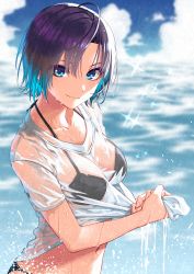 Rule 34 | 1girl, ahoge, aqua hair, asakura toru, bikini, bikini under clothes, black bikini, blue eyes, blurry, blurry background, breasts, closed mouth, clothes lift, collarbone, commentary request, day, earrings, fingernails, from side, gradient hair, hair between eyes, halterneck, hands up, highres, ice reizou, idolmaster, idolmaster shiny colors, jewelry, lifted by self, looking at viewer, looking to the side, medium breasts, multicolored hair, navel, ocean, outdoors, parted bangs, purple hair, see-through, shirt, shirt lift, short hair, short sleeves, smile, solo, sparkle, standing, stomach, string bikini, swimsuit, two-tone hair, upper body, water, water drop, wet, wet clothes, wet hair, wet shirt, white shirt, wringing clothes