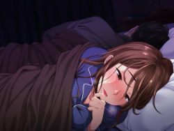 Rule 34 | 1girl, bed, blush, breasts, breath, brown eyes, brown hair, curtains, embarrassed, half-closed eyes, hand up, highres, husband and wife, indoors, long hair, looking at viewer, lying, night, nose blush, on bed, on side, open mouth, original, pajamas, pillow, sleeping, solo focus, trembling, under covers, upper body, uwaki chousa senmon netori tantei jimusho, yarebadekiruko