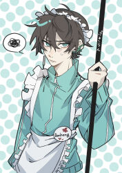 Rule 34 | 1boy, apron, aqua jacket, arm at side, black hair, blush, character name, collared jacket, cowboy shot, crossdressing, dan heng (honkai: star rail), earrings, embarrassed, eyeliner, frilled apron, frills, green eyes, hair between eyes, hand up, highres, holding, holding pole, honkai: star rail, honkai (series), jacket, jersey maid, jewelry, long sleeves, maid, maid apron, maid headdress, male focus, male maid, oshoyu (aree9), pole, polka dot, polka dot background, red eyeliner, short hair, solo, spoken squiggle, squiggle, sweat, track jacket, translation request, unconventional maid, white apron, zipper pull tab