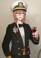 Rule 34 | 1girl, absurdres, artist name, black bow, black bowtie, black jacket, blush, bow, bowtie, cup, drinking glass, feet out of frame, girls&#039; frontline, glass, green eyes, hair between eyes, hat, highres, holding, holding cup, jacket, lips, long hair, looking at viewer, military, military hat, military uniform, open mouth, orange hair, rsc, shirt, simple background, smile, solo, springfield (girls&#039; frontline), standing, teeth, uniform, upper teeth only, white shirt, wine glass