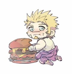 Rule 34 | 1boy, bara, beard stubble, bite mark, blonde hair, blush, burger, chibi, clothes around waist, eating, facial hair, food, food on face, full body, goatee, jacob (housamo), long sideburns, looking at viewer, male focus, mini person, miniboy, scar, scar on face, scar on nose, sdz (inazuma), short hair, sideburns, solo, stubble, thick eyebrows, tokyo houkago summoners, unusually open eyes