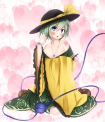 Rule 34 | 1girl, alternate hair length, alternate hairstyle, bad id, bad pixiv id, bare shoulders, black hat, blue eyes, clothes down, floral print, green skirt, hat, hat ribbon, komeiji koishi, looking at viewer, open mouth, ribbon, rok (guitar0706), shirt, short hair, sitting, skirt, solo, touhou, undressing, wariza, wide sleeves, yellow shirt
