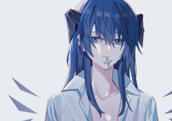 Rule 34 | 1girl, arknights, black wings, blue eyes, blue hair, blue xi, collarbone, collared shirt, cross, cross necklace, demon horns, detached wings, earclip, energy wings, hair between eyes, highres, horns, jewelry, long hair, looking at viewer, mostima (arknights), mouth hold, necklace, open clothes, open shirt, shirt, solo, upper body, wings