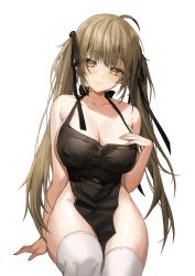Rule 34 | 1girl, absurdres, apron, bare shoulders, black apron, blush, breasts, brown eyes, brown hair, chungu, cleavage, collarbone, highres, large breasts, long hair, looking at viewer, naked apron, original, sideboob, smile, solo, thighhighs, thighs, twintails, white thighhighs