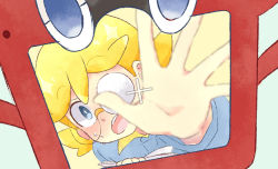 Rule 34 | 1boy, akasaka (qv92612), blonde hair, blue jumpsuit, blush, clemont (pokemon), commentary request, creatures (company), embarrassed, game freak, gen 4 pokemon, glasses, grey eyes, hand up, jumpsuit, long sleeves, looking at viewer, nintendo, open mouth, pokemon, pokemon (creature), pokemon xy, rotom, rotom dex, spread fingers, sweat, teeth, tongue, viewfinder