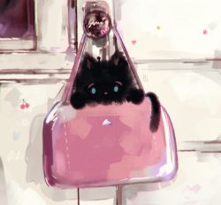 Rule 34 | animal, animal focus, bag, black cat, blue eyes, blurry, cat, chromatic aberration, depth of field, doorknob, film grain, fluffy, handbag, hands up, in container, kitten, looking at viewer, moricky, no humans, original, pink bag, solo