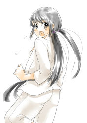 Rule 34 | 1girl, arms at sides, artist request, ass, barefoot, belt, black belt, black hair, breasts, brown eyes, clenched hands, dougi, eyelashes, feet, feet up, female focus, idolmaster, idolmaster cinderella girls, japanese clothes, karate gi, long hair, long sleeves, long twintails, looking at viewer, looking back, low twintails, martial arts belt, nakano yuka, namco, neck, open mouth, pants, shirt under shirt, sidelocks, simple background, small breasts, standing, standing on one leg, surprised, surprised arms, sweat, sweatdrop, tight clothes, tight pants, toes, turning head, twintails, very long hair, white background, white pants