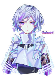 Rule 34 | 1girl, absurdres, belt buckle, buckle, character name, commentary request, contender (girls&#039; frontline), detached sleeves, expressionless, girls&#039; frontline, grey hair, highres, hwaen, looking at viewer, multicolored hair, purple eyes, purple hair, see-through, short hair, simple background, solo, straight-on, streaked hair, upper body, white background